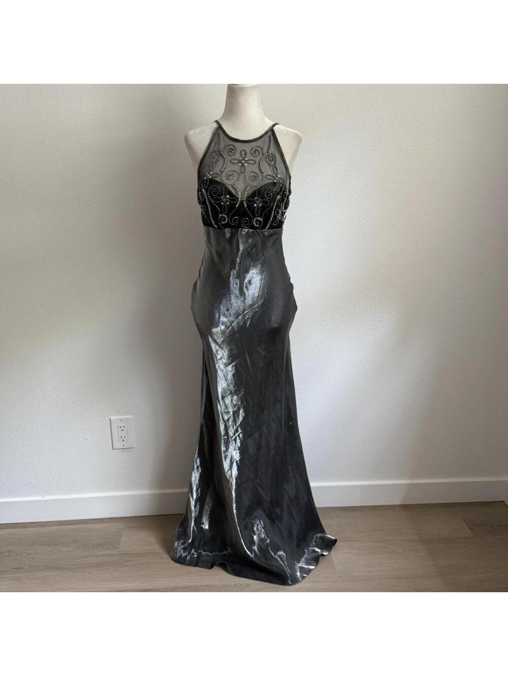 ੈ✩‧₊˚y2k silver metallic grey beaded and sequin maxi dress